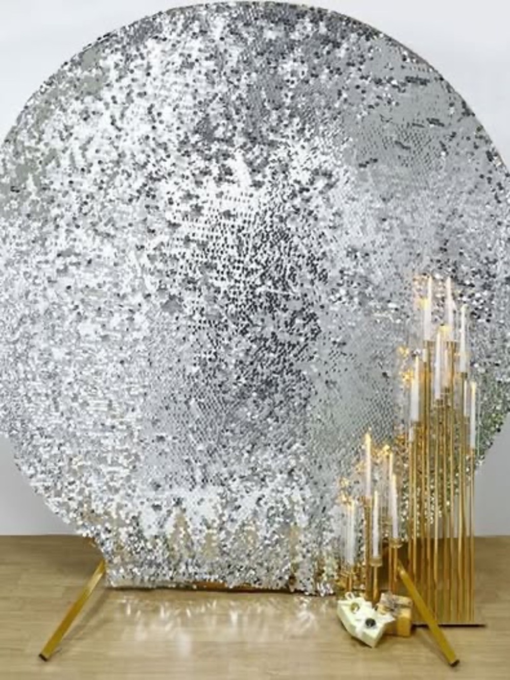 Gold Metal Stand & Silver Payette Sequin Backdrop - 7.5 Foot